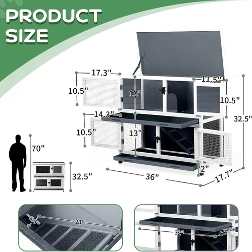 Miniatura 7 de Conejera de madera maciza de 2 pisos con 2 habitaciones principales grandes, para interiores y exteriores, jaula para conejillos de indias, casa Gris