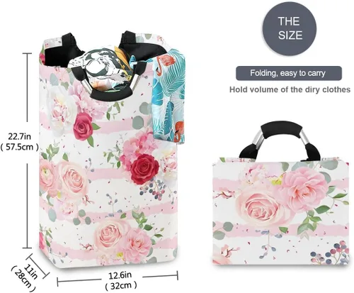 Miniatura 5 de Cesta de lavandería con diseño de rosas rosas, portátil, plegable, organizador de ropa con asas, bolsa de almacenamiento para habitación de niños