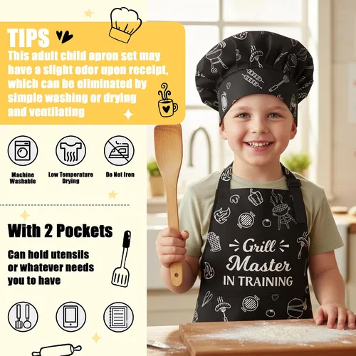 Miniatura 3 de R HORSE Juego de delantal y sombrero de chef para niños, 2 piezas, mini parrilla ajustable, delantal de cocina para niños, juego de rol, juguete