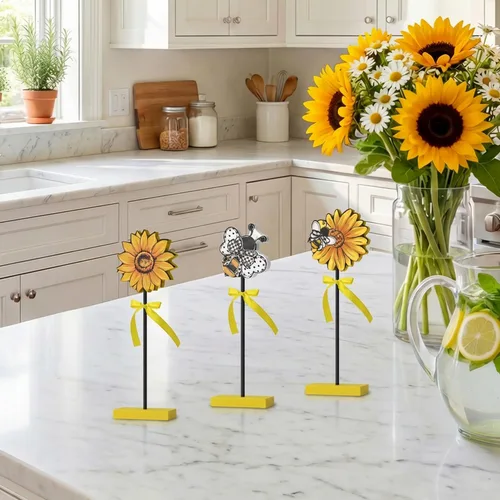 Miniatura 5 de Smile - 3 piezas de decoración de madera para interiores, estilo de abeja de girasol, centros de mesa de verano para el hogar, cocina, exhibición