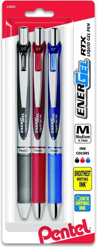 Pentel EnerGel RTX Bolígrafos de tinta de gel, punta de metal de 0.7mm, tinta color negro / rojo / azul, paquete de 3 (BL77BP3M), surtido