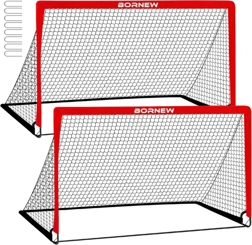 BORNEW Paquete de 2 porterías de fútbol – Porterías de fútbol para patio trasero e interior para niños, 6 x 4 / 4 x 3 pies, juego de redes de fútbol