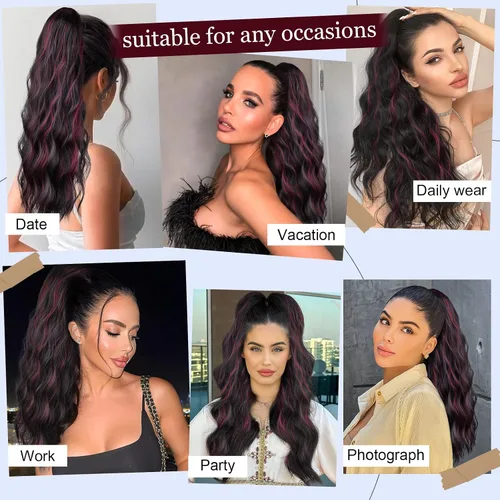 Miniatura 4 de FREEMEIGE Extensión de Cola de Caballo de 22 Pulgadas Negro Mezclado con Burdeos Larga Ondulada con Cordón Extensión de Cola de Caballo para Mujeres