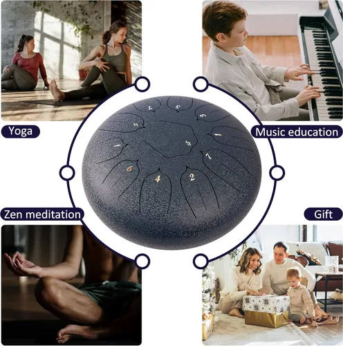 Miniatura 5 de Tambor de lengua de acero de 12 pulgadas, 11 notas para adultos, instrumento etéreo de metal para meditación y yoga con libro de música, mazos
