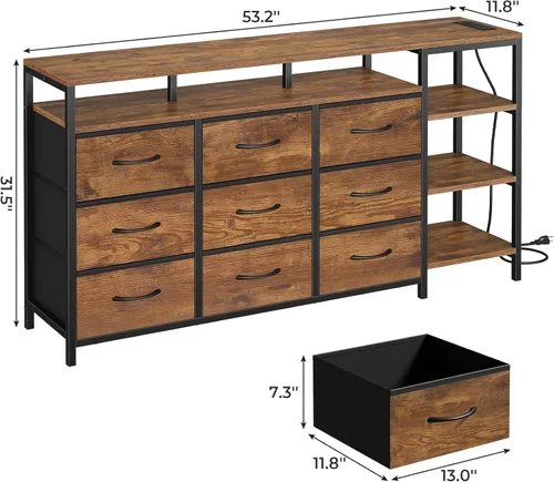 Miniatura 3 de Soporte de TV para 60 Pulgadas, Cómoda con Estación de Carga y Luces LED, 9 Cajones de Tela, Centro de Entretenimiento y Mesa Consola Industrial