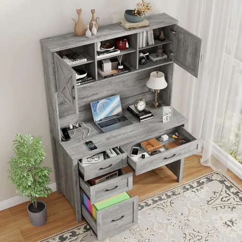 Miniatura 5 de Escritorio ejecutivo Farmhouse de 67" de altura con estante superior, escritorio de oficina con 4 cajones y luz LED, mesa de computadora con Gris