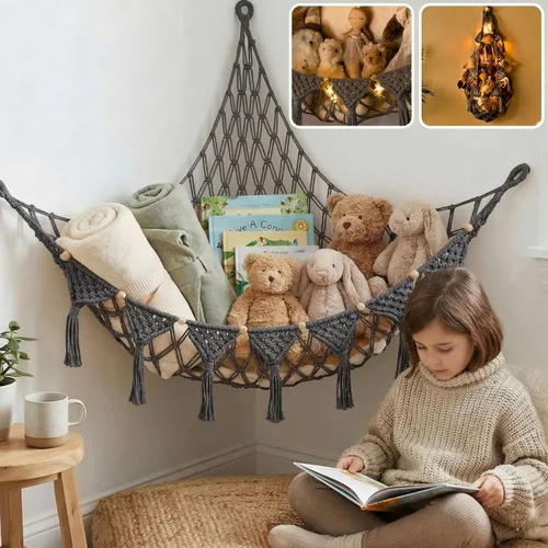 Miniatura 9 de TIDYTEDS Macramé DreamLights Hamaca de Red de Almacenamiento de Animales de Peluche Boho Extra Grande Soporte de Almacenamiento de Juguetes de Azul