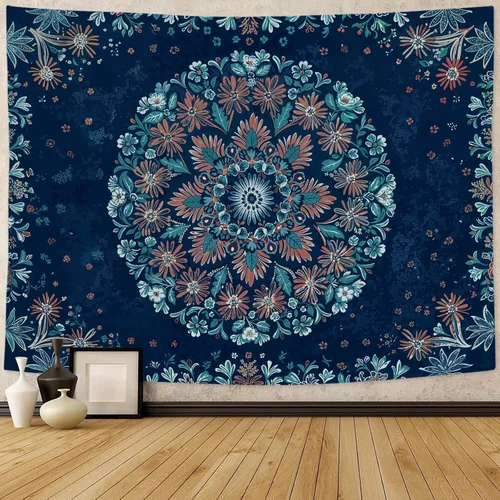 Miniatura 17 de Fowocu Tapiz bohemio con mandala floral para colgar en la pared, medallón de flores bohemias, tapiz estético, beige, naranja, hippie, indio, pequeño
