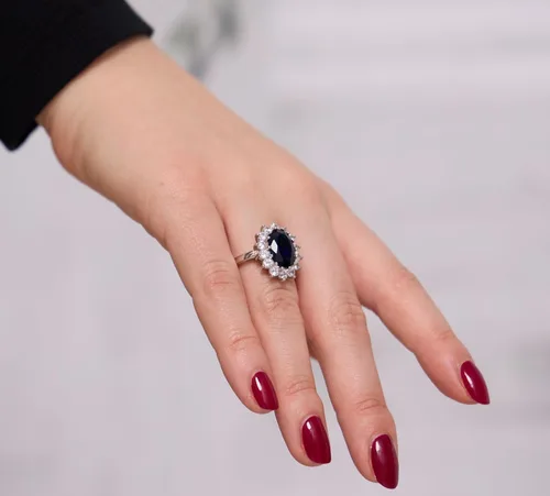 Miniatura 5 de Beaux Bijoux Anillo de Compromiso de Plata de Ley Grande Ovalado con Zafiro Azul Creado y Circonia Cúbica Clara, Anillo de Novia, Estilo Princesa