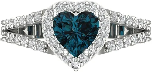 Anillo solitario de 1,75 quilates de corte de corazón con vástago dividido de halo natural de Londres, piedra preciosa azul ideal VVS1, compromiso,