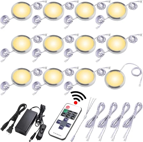 Luces LED tipo puck delgadas bajo gabinete, Iluminación ambiental cableada de 110V, Enchufable y cableado directo empotrado, Enlazables en cadena