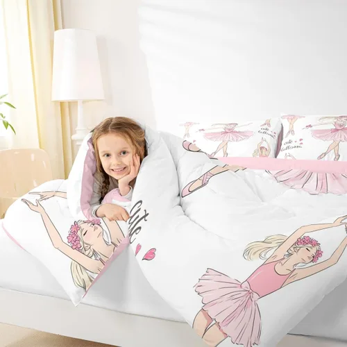 Miniatura 7 de Erosebridal Juego de ropa de cama de princesa de ballet, tamaño Queen, juego de edredón de 3 piezas para niñas bailarinas de ballet, lindo juego