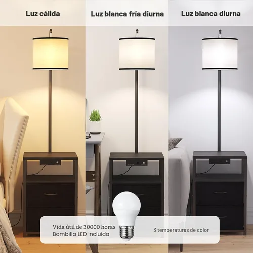 Miniatura 5 de SUNMORY Lámpara de pie con mesa y 2 cajones, lámpara con puerto USB y toma de corriente, lámparas para mesita de noche con bombilla LED de 3 Negro