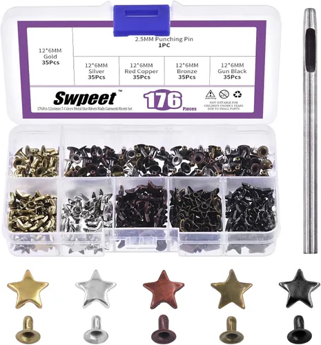 Swpeet 176 piezas de 5 colores de 0.47 x 0.23 pulgadas - 0.472 x 0.236 in remaches de estrella con kit surtido de herramientas de perforación de