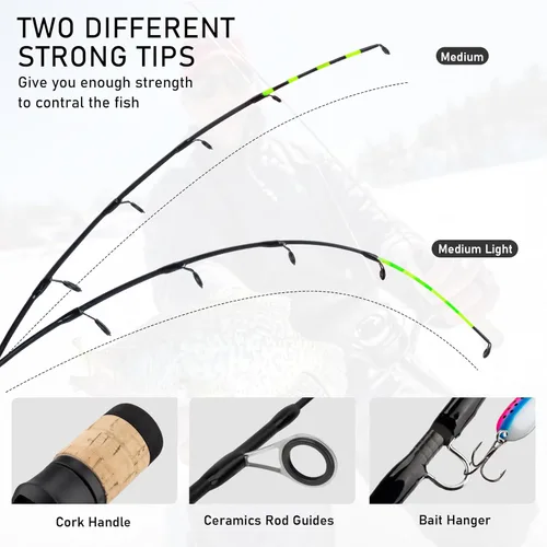 Miniatura 3 de QualyQualy Combo de caña de pescar en hielo y carrete de 24 pulgadas M/ML en línea de pesca en hielo, 2 consejos diferentes para lucioperca, panfish