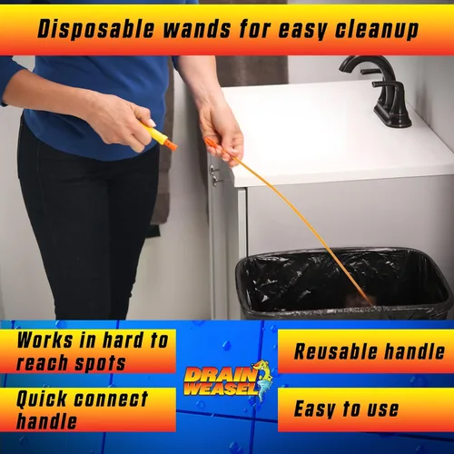 Miniatura 5 de FlexiSnake Drain Weasel MAX - Herramienta removedor de obstrucciones de pelo con mango giratorio y 2 recambios de varita, fabricado en los Estados