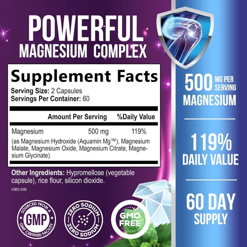 Miniatura 2 de Complejo de magnesio de 500 mg por porción – Cápsulas de polvo de magnesio de absorción máxima para músculos, nervios, huesos y corazón, complejo