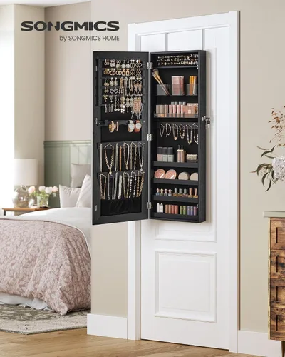 Miniatura 10 de SONGMICS Gabinete colgante de joyería, gabinete de pared con luces interiores LED, organizador de joyas montado en la puerta, espejo de cuerpo Blanco