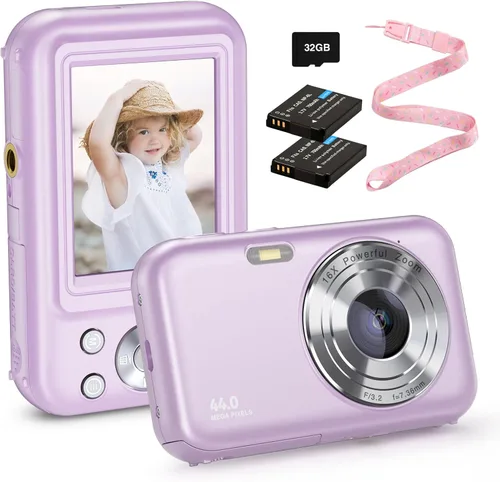 Cámara púrpura para niños, FHD 1080P, 44MP, zoom 16X, compacta, portátil con tarjeta de 32G y 2 baterías, regalo para niñas, niños, estudiantes,