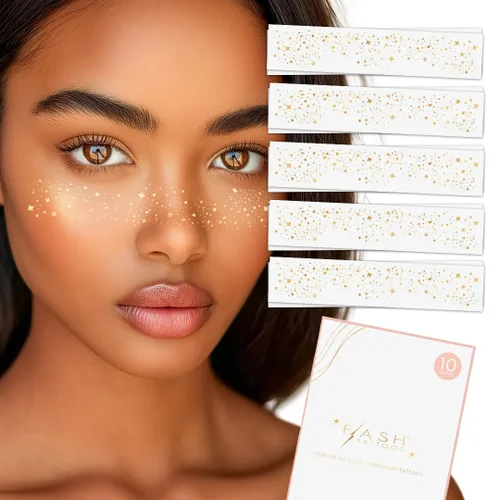 Flash Tattoos GALACTIC GOLD - 10 parches de belleza metálicos impermeables de alta calidad con brillo cósmico y brillo celestial, maquillaje para