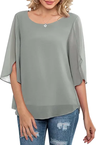 Neineiwu - Blusa casual holgada y con cuello redondo para mujer blusa de gasa con manga de 34