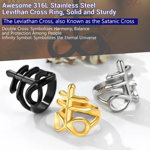 Miniatura 3 de PROSTEEL Joyería gótica satánica unisex anillo de cruz de Leviatán anillo de Lucifer del diablo acero inoxidable 316L tono platanegrodorado