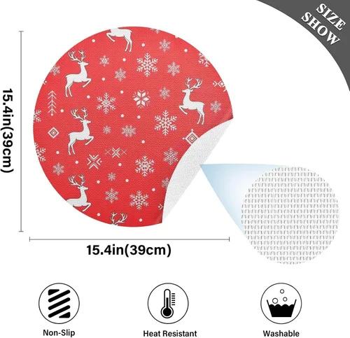 Miniatura 4 de White Reindeer Red Round Placemats, Non Slip Washable Placemats Dining Table for Kitchen Table one sizex4