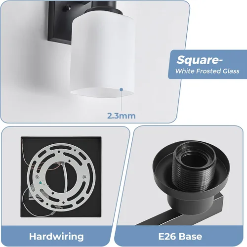 Miniatura 4 de Juego de 2 apliques de pared para baño, lámpara de tocador de baño negra, apliques de pared modernos para interiores con vidrio esmerilado cuadrado