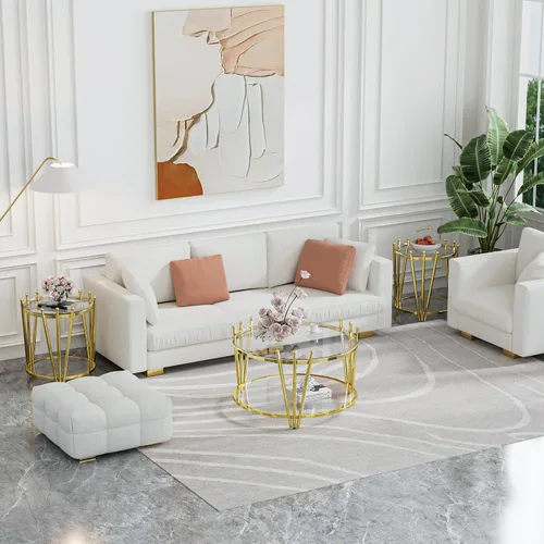 Miniatura 6 de Mesa auxiliar redonda de vidrio dorado de 19.7 pulgadas para sala de estar, diseño moderno de corona de lujo, patas de acero inoxidable con diseño