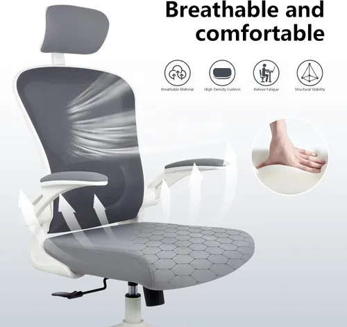 Miniatura 4 de Silla de escritorio ergonómica, soporte lumbar y reposacabezas 3D, silla de oficina en casa con respaldo de malla (gris)