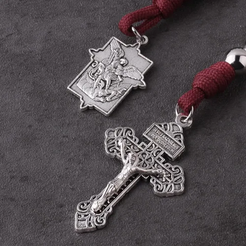 Miniatura 22 de Rosario de bolsillo estilo abierto una década de acero inoxidable rosario católico con crucifijo medalla de San Benito con bolsa de regalo