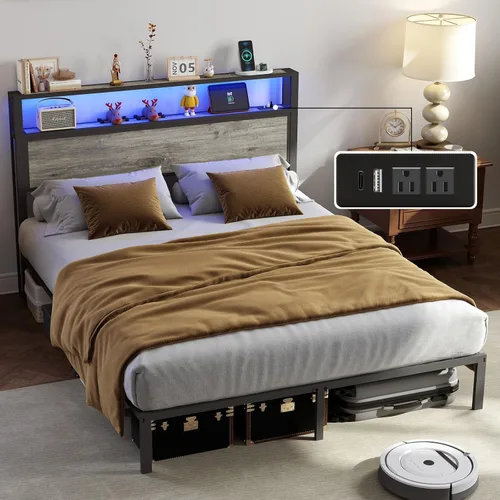 Miniatura 16 de Base de cama tamaño completo con cabecero, estructura de cama de plataforma metálica con luces LED y estación de carga, almacenamiento debajo