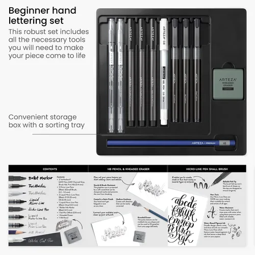 Miniatura 2 de ARTEZA Juego de 12 bolígrafos de mano para caligrafía y pincel con guía, lápiz, borrador para principiantes que aprenden letras a mano y escritura