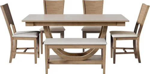Miniatura 6 de Merax Juego de mesa de comedor de granja de 6 piezas, mesa de cocina media redonda de madera de 59.1 pulgadas con 4 sillas de comedor y banco largo