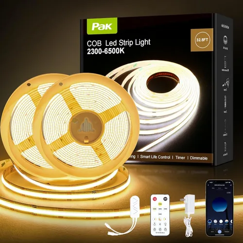 Tira de luces LED COB de 32.8 pies, regulable, temperatura de color blanca ajustable de 2300K-6500K, cinta de luz LED de corte de alta luminosidad