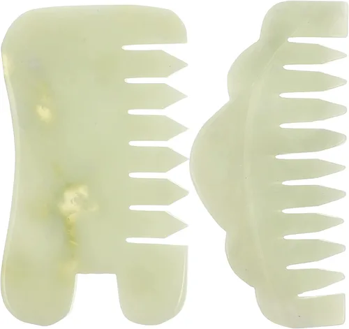 Healifty Peine de pelo de jade para masaje del cuero cabelludo y terapia Gua Sha, peine de raspado de jade de doble propósito para belleza capilar y