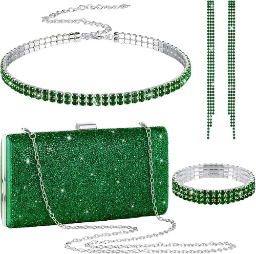 Miniatura 15 de Kigeli 4 Pieces Women Rhinestone Evening Clutch Bag Bling Earring Necklace Bracelet for Wedding Graduation Prom