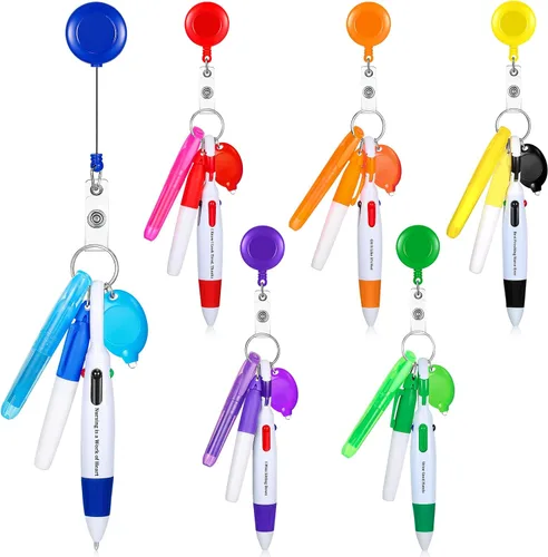 Miniatura 9 de 30 piezas de clip retráctil para bolígrafo de lanzadera con mini resaltador, bolígrafo de insignia de enfermera, marcador de neón, llavero LED, clip