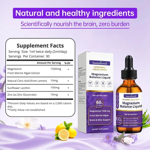 Miniatura 6 de Gotas líquidas de magnesio de 1500 mg de alta absorción, suplemento cerebral para concentrarse en la memoria, sueño, sin azúcar, vegano, 2.04 onzas