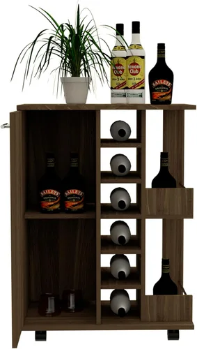 Miniatura 6 de Tuhome Carrito de bar, dos estantes externos, cuatro ruedas, seis estante de vino incorporado, gabinete de una sola puerta - nogal oscuro Amaretto