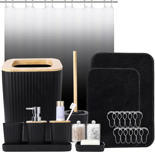 Miniatura 33 de XLHOMO - Juego de baño beige de plástico de 9 piezas, con basurero, dispensador de jabón, portacepillos de dientes, vaso, jabonera, cepillo