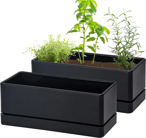Miniatura 14 de D'vine Dev - Maceta para ventana de 12 pulgadas, maceta rectangular de plástico para hierbas con agujeros de drenaje y plato, maceta de suculentas