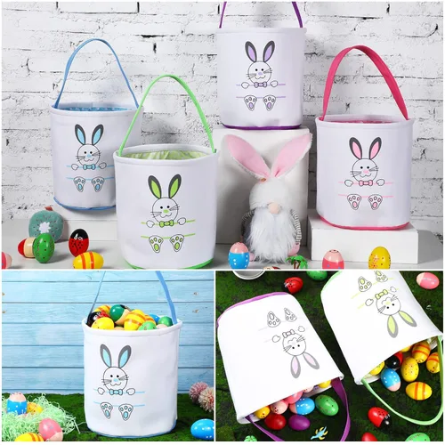 Miniatura 5 de 4 unidades de cesta de conejo de Pascua para niños, bolsas de tela de algodón, vacías personalizadas, cesta de huevos de caramelo, cubos