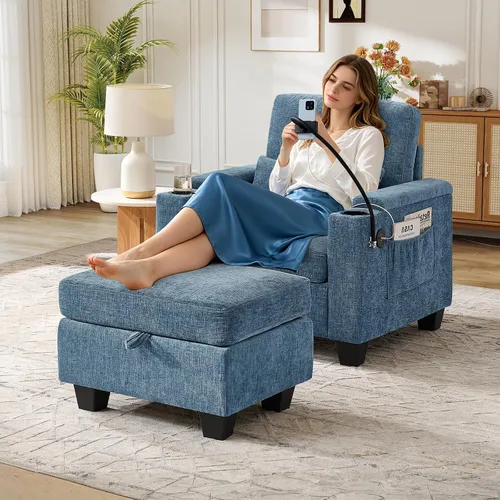 Miniatura 26 de Chaise Lounge Chair para interiores con puerto USB y soporte para teléfono, sillón reclinable pequeño de felpilla con otomana de almacenamiento