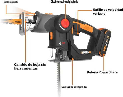 Miniatura 8 de Sierra de vaivén y caladora inalámbrica WORX, sierra de 20V de ¾" 2-en-1, longitud de carrera de ¾", funciones 2-en-1, 4 cuchillas para diferentes