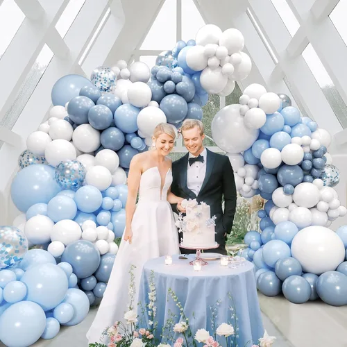 Miniatura 5 de Kit de arco de globos azules y blancos de 134 piezas, globos azules y blancos con confeti azul polvoriento para aniversario, revelación de género