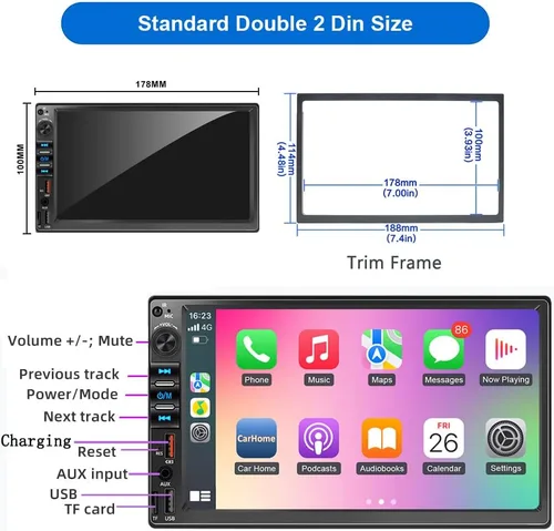 Miniatura 6 de Estéreo de auto de doble DIN de 7 pulgadas para Carplay inalámbrico y Android Auto, audio de coche con pantalla táctil HD de 1024 x 600, enlace