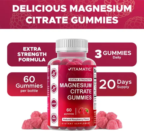 Miniatura 6 de Vitamatic Gomitas de magnesio extra fuertes, 255 mg (magnesio elemental) por porción, 60 gomitas veganas que apoyan la relajación, la función