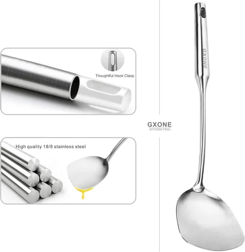 Miniatura 3 de Wok - Espátula de acero inoxidable, espátula ancha de metal con mango largo hueco, utensilios de wok, plata/14.7 pulgadas