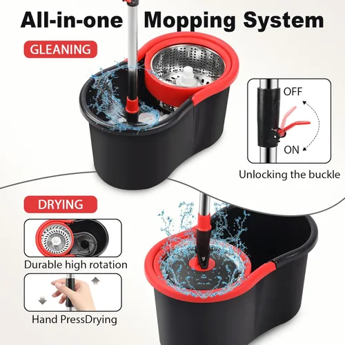 Miniatura 3 de Trapeador giratorio y cubo, trapeador y cubo con escurridor para el hogar, herramienta de limpieza de pisos de cubo giratorio 360 con 1 cabezal